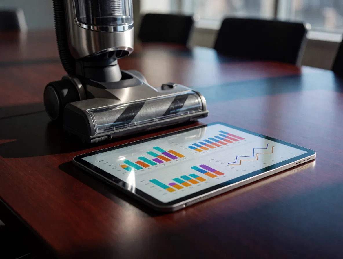Таблица KPI на планшете рядом с пылесосом